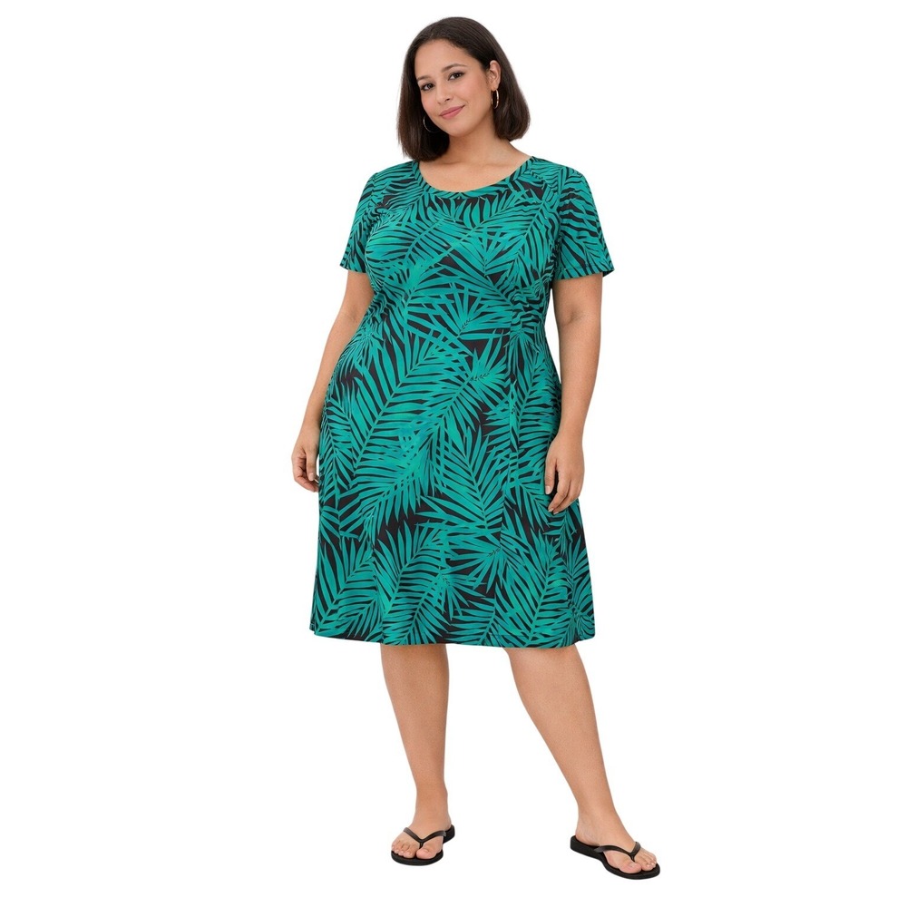 Tropical Green Palm Leaf Print Short Sleeve Mini‎ Dress Womens 2XL